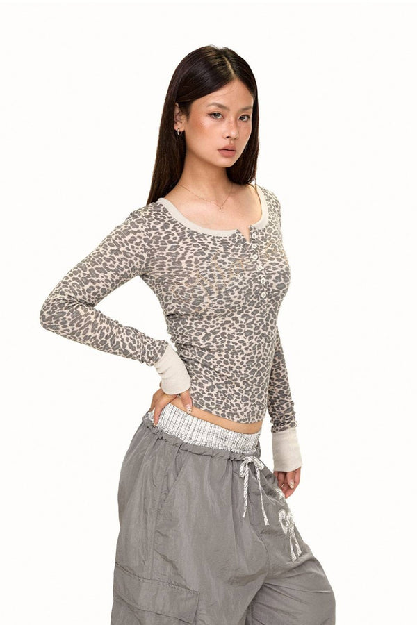 Slim Leopard Henley Top