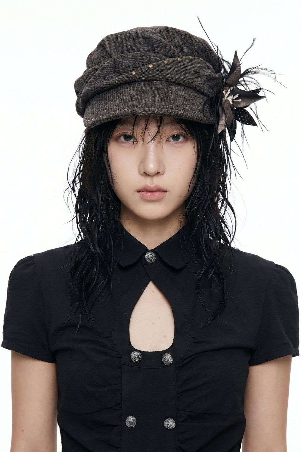 Feather Flower Newsboy Cap