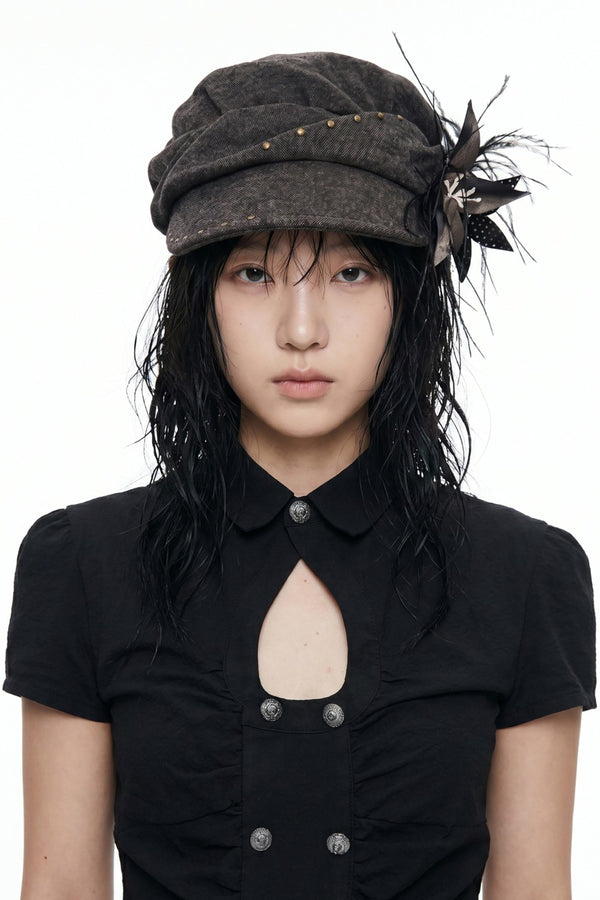 Feather Flower Newsboy Cap