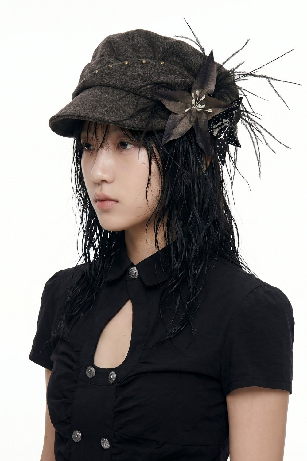 Feather Flower Newsboy Cap