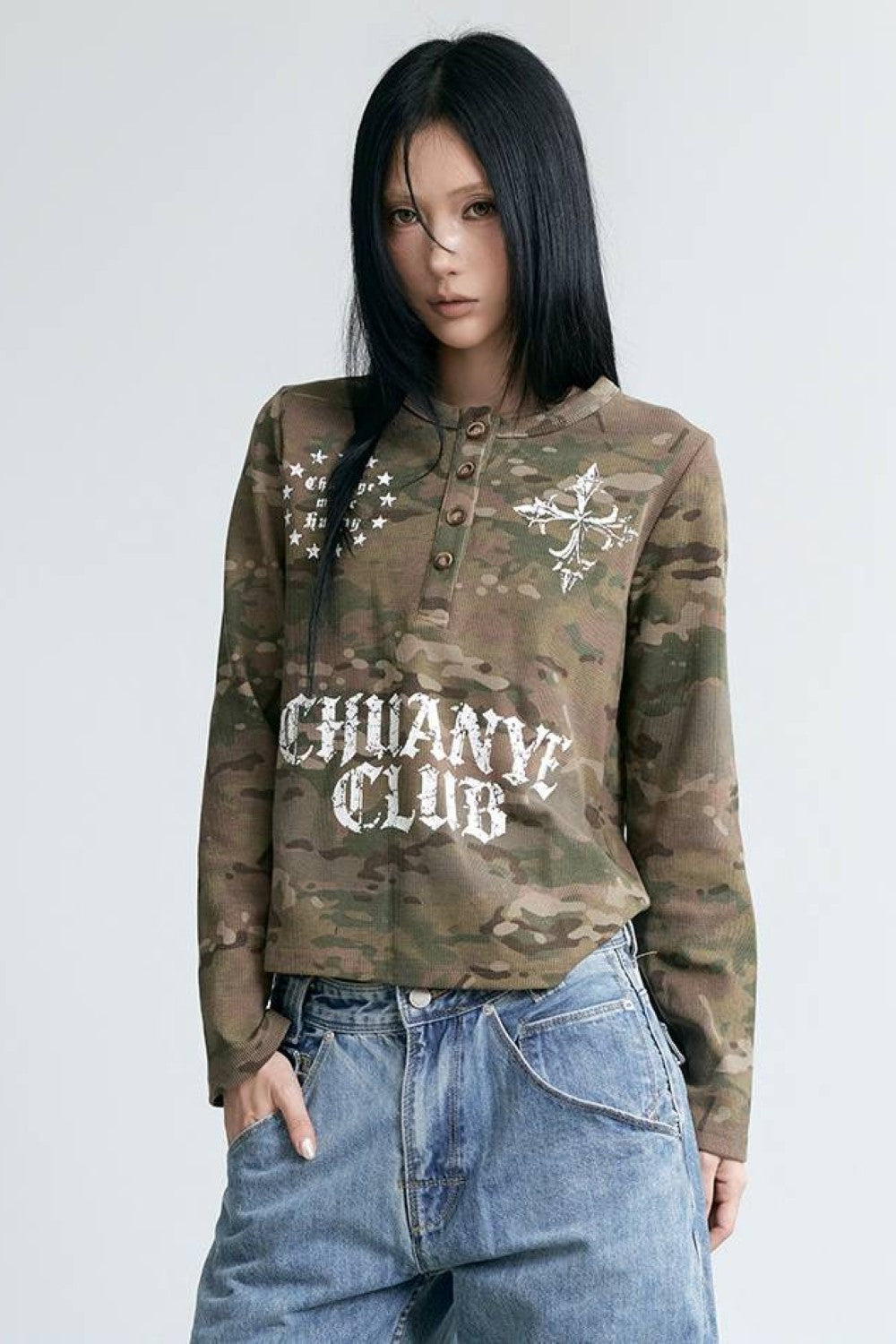 Camo Waffle Henley Top