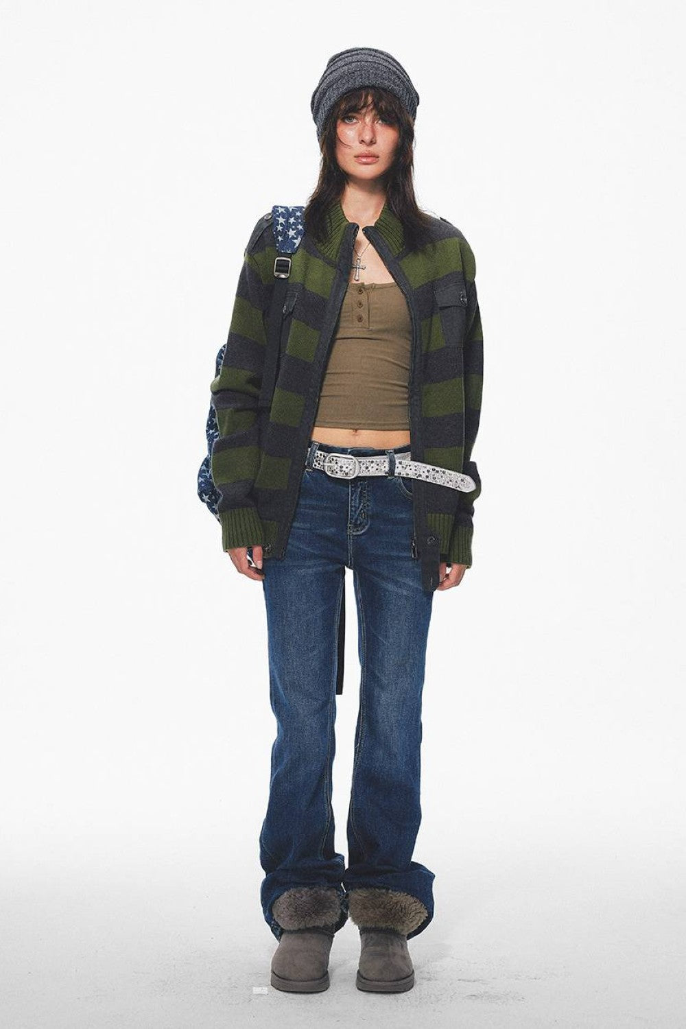 Olive Striped Zip Cardigan