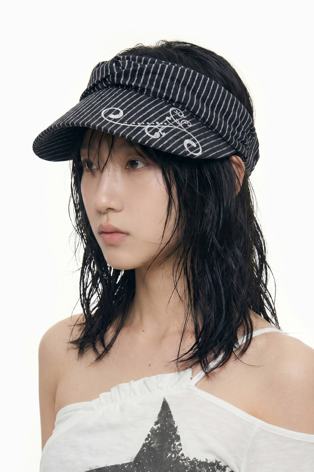 Ruched Pinstripe Print Visor