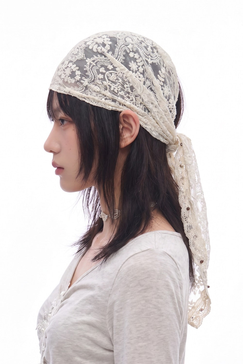 Beaded Floral Lace Headscarf