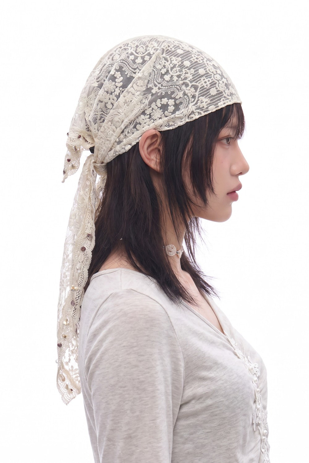 Beaded Floral Lace Headscarf