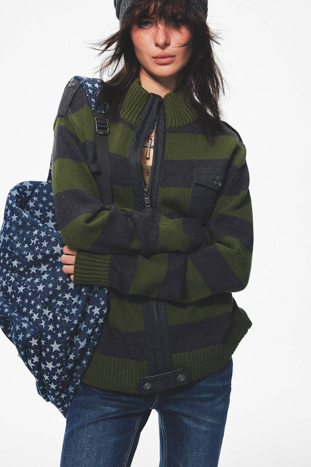 Olive Striped Zip Cardigan