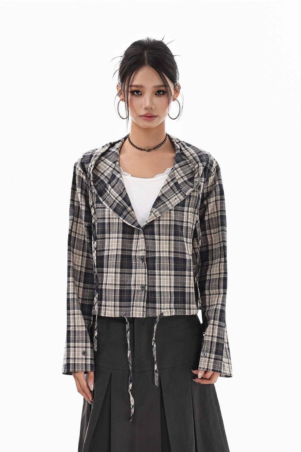 Tied Plaid Button-Up Shirt
