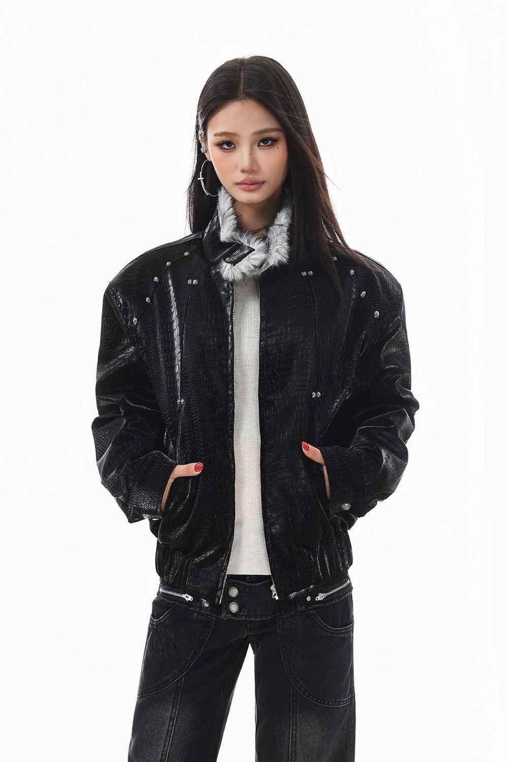 Raven Fur Collar Leather Jacket