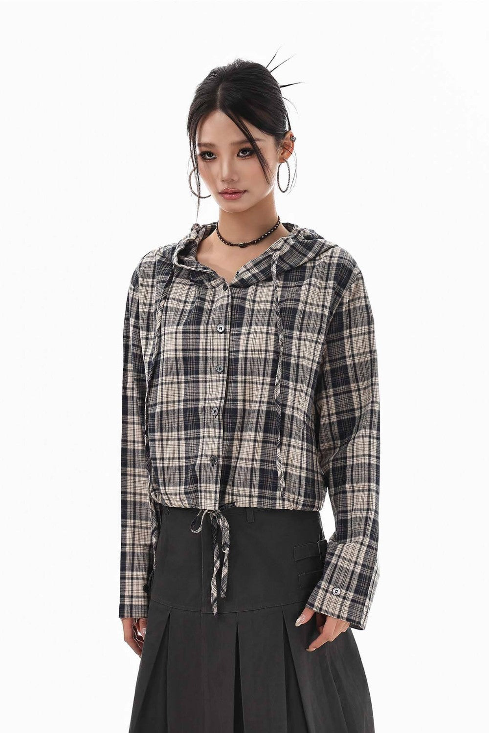 Tied Plaid Button-Up Shirt