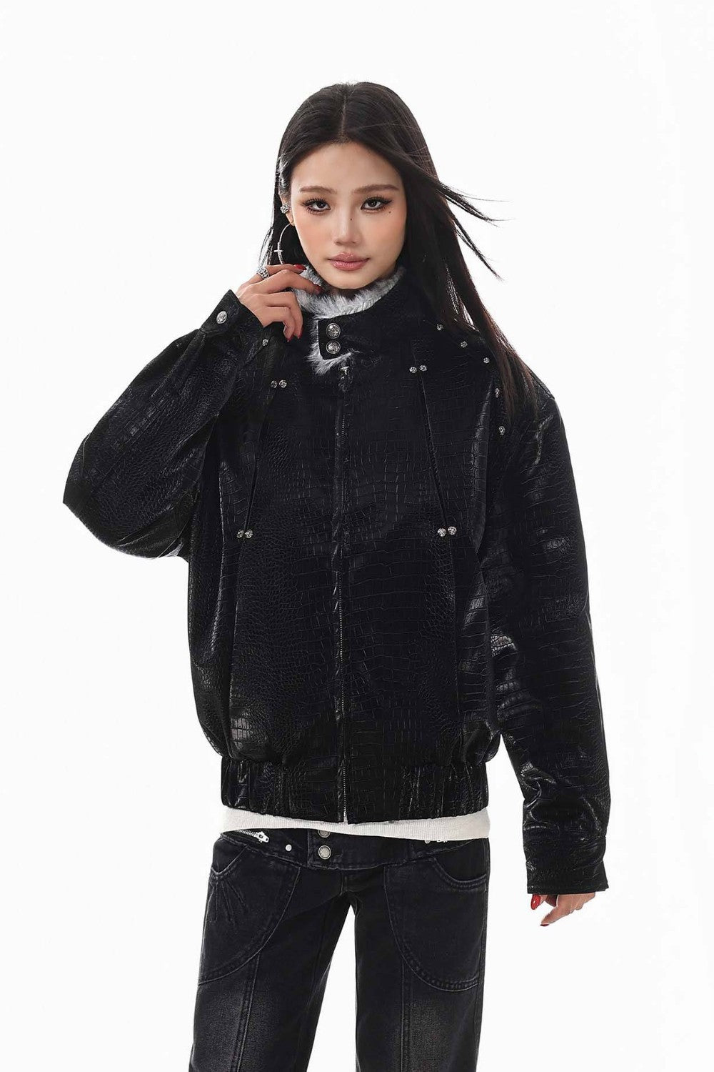 Raven Fur Collar Leather Jacket
