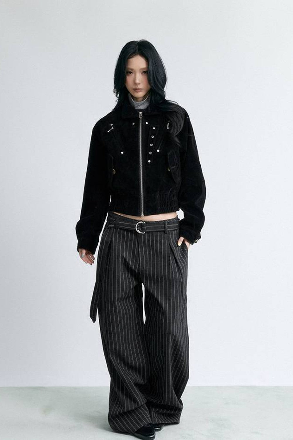 Pinstripe Wide Belted Trousers