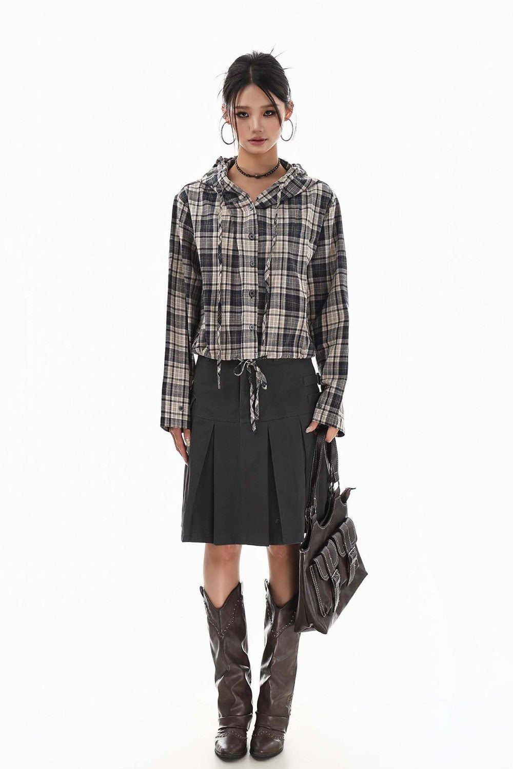 Tied Plaid Button-Up Shirt