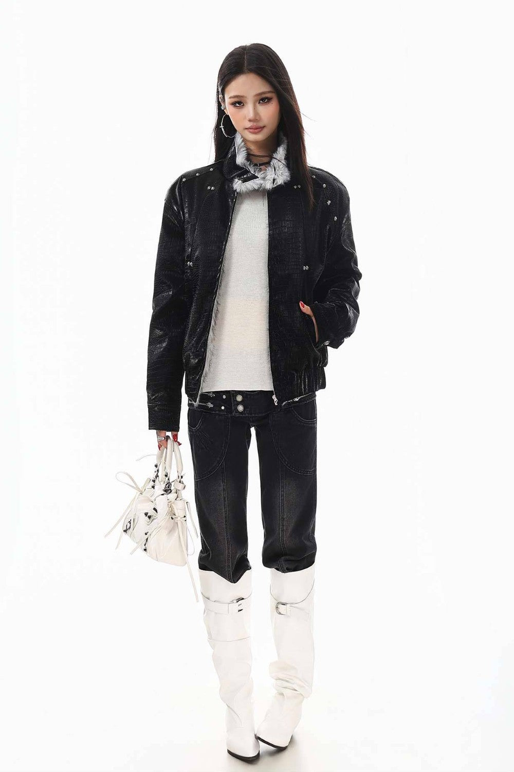 Raven Fur Collar Leather Jacket