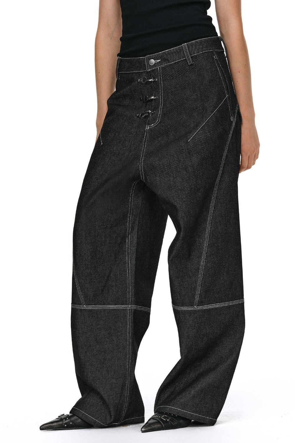 Hook Closure Wide-Leg Jeans