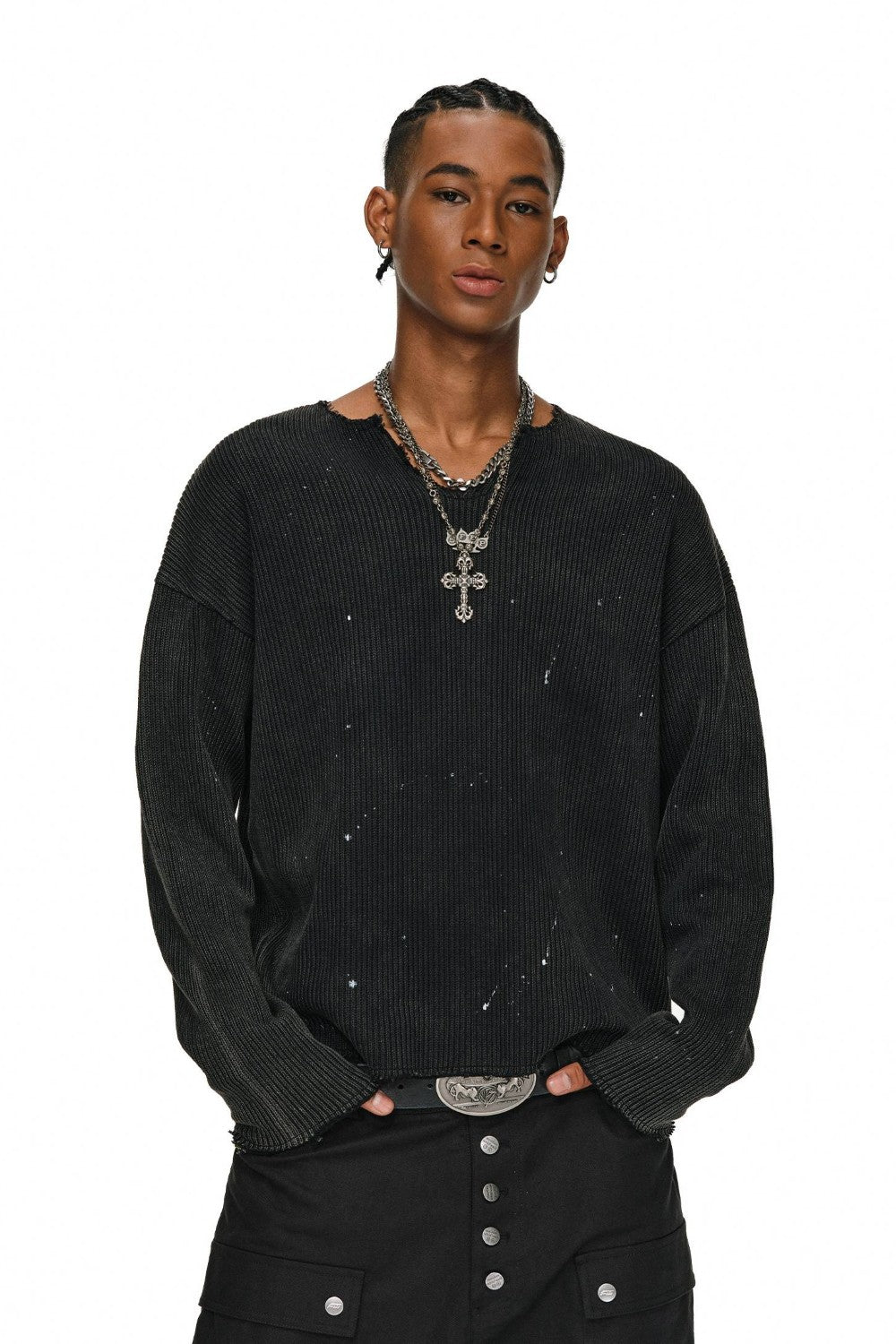 Ink-Splatter Ribbed Knit Sweater
