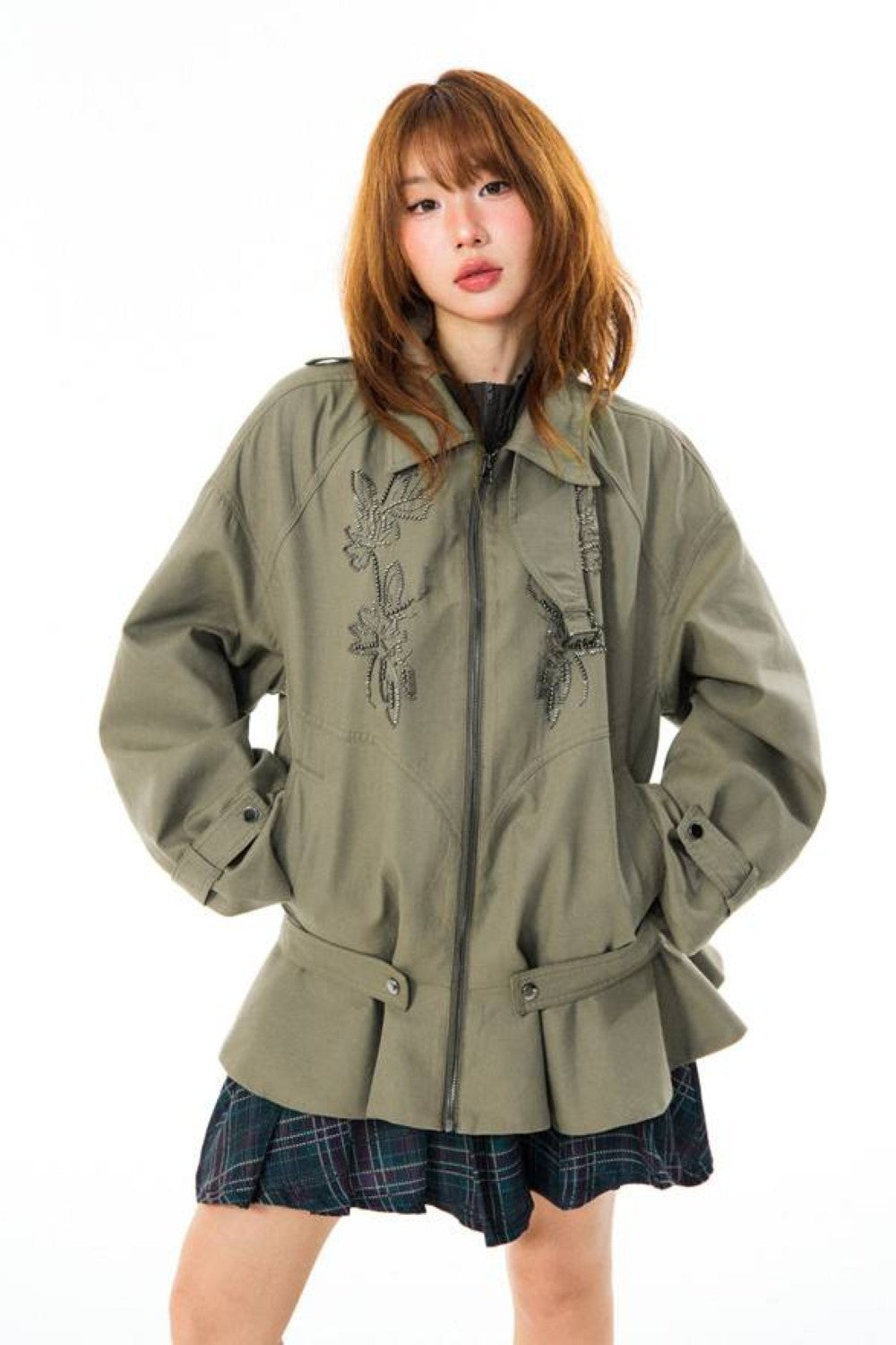 Olive Beaded Cinched Jacket