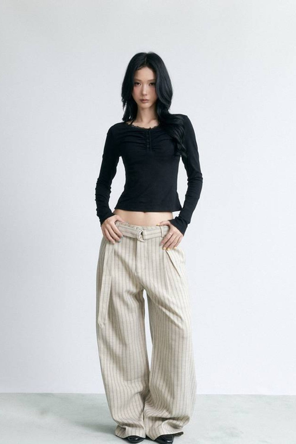 Pinstripe Wide Belted Trousers