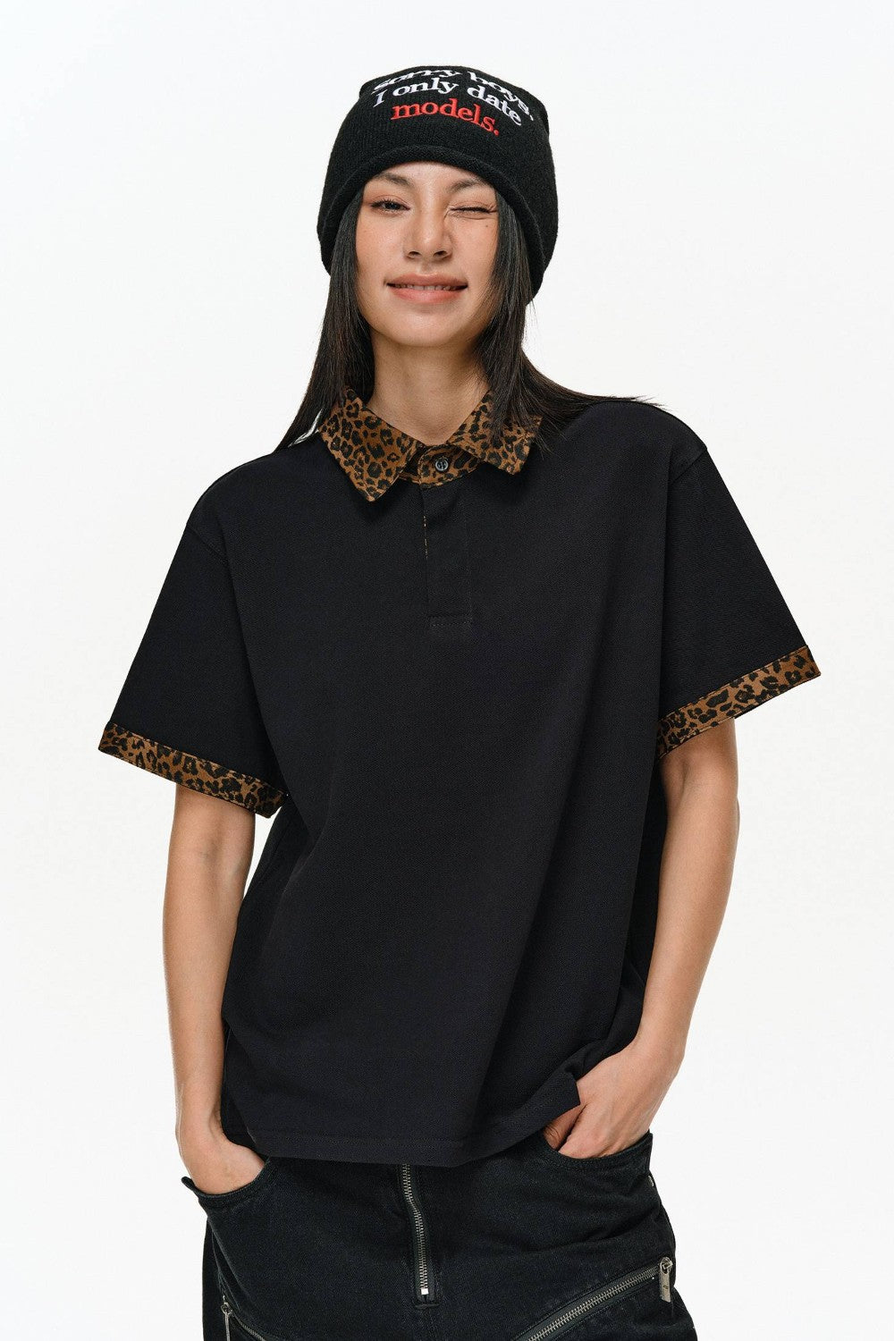 Leopard Trim Polo Tee