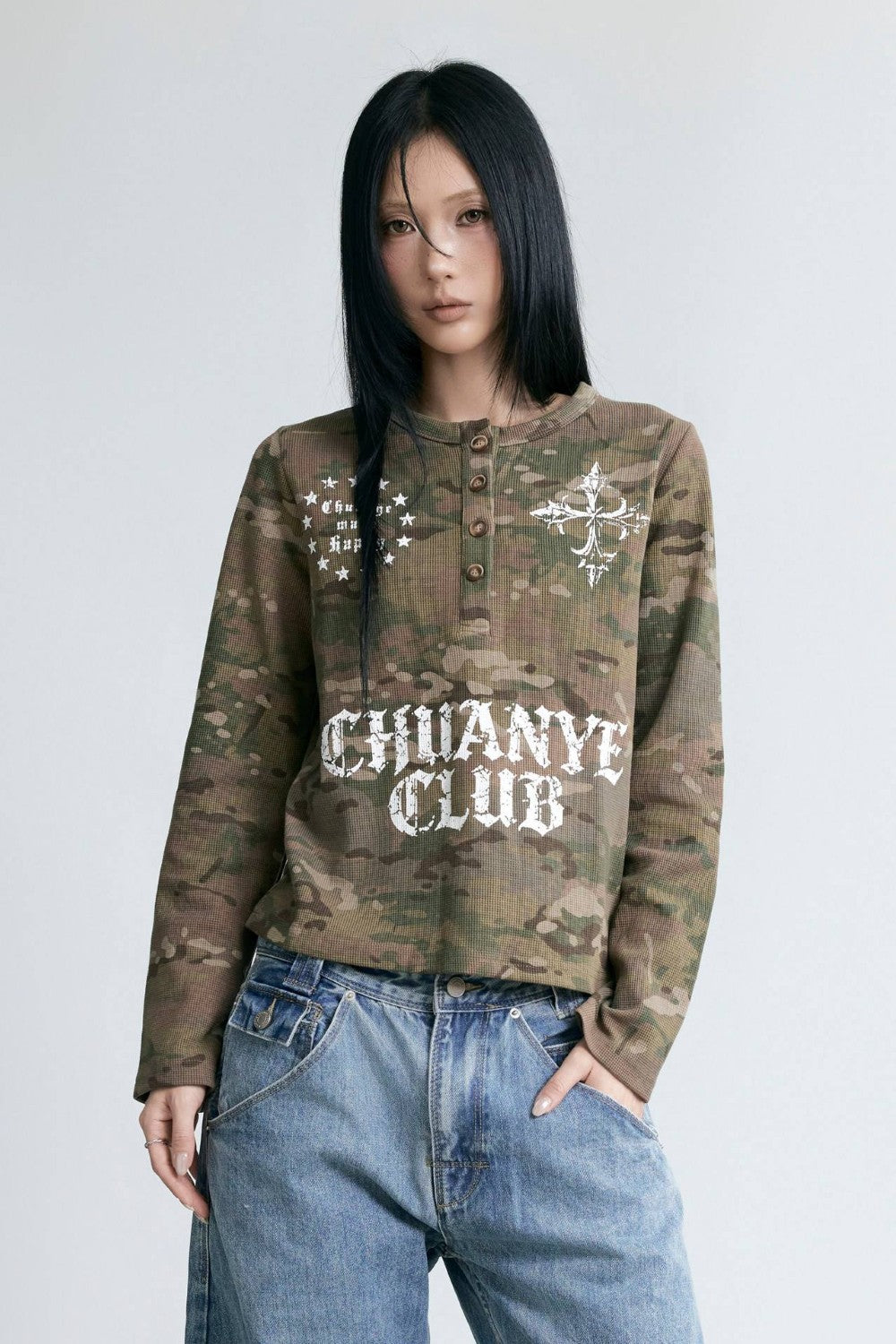 Camo Waffle Henley Top