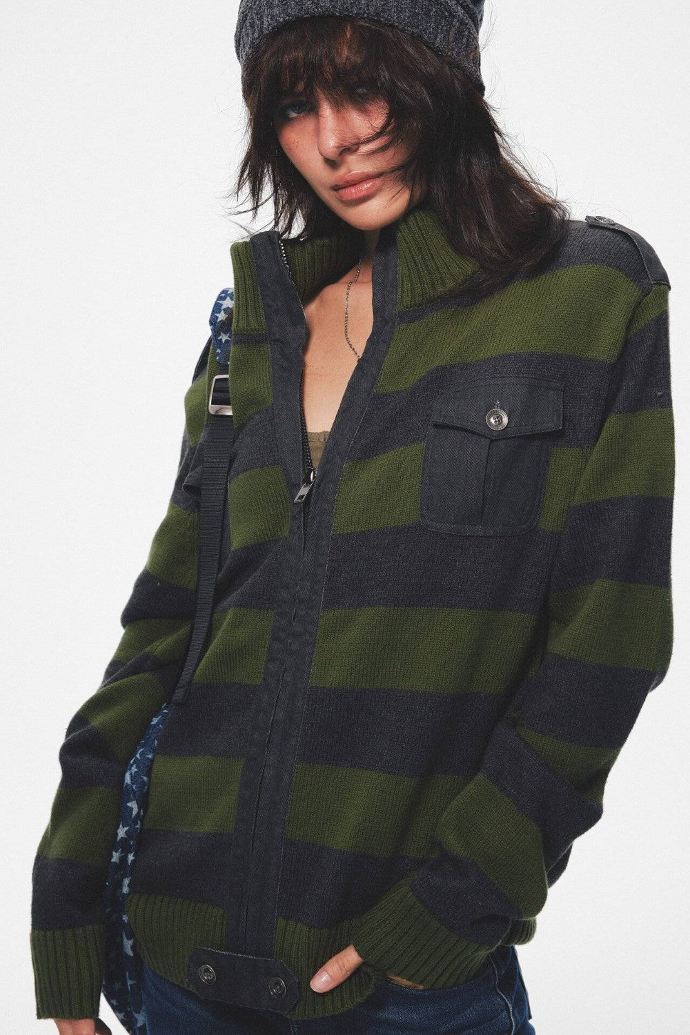 Olive Striped Zip Cardigan