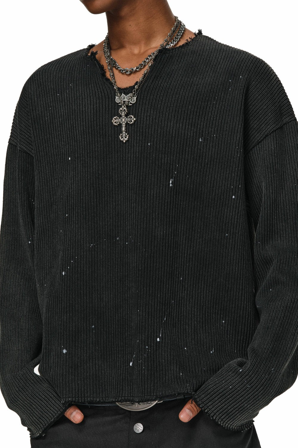 Ink-Splatter Ribbed Knit Sweater