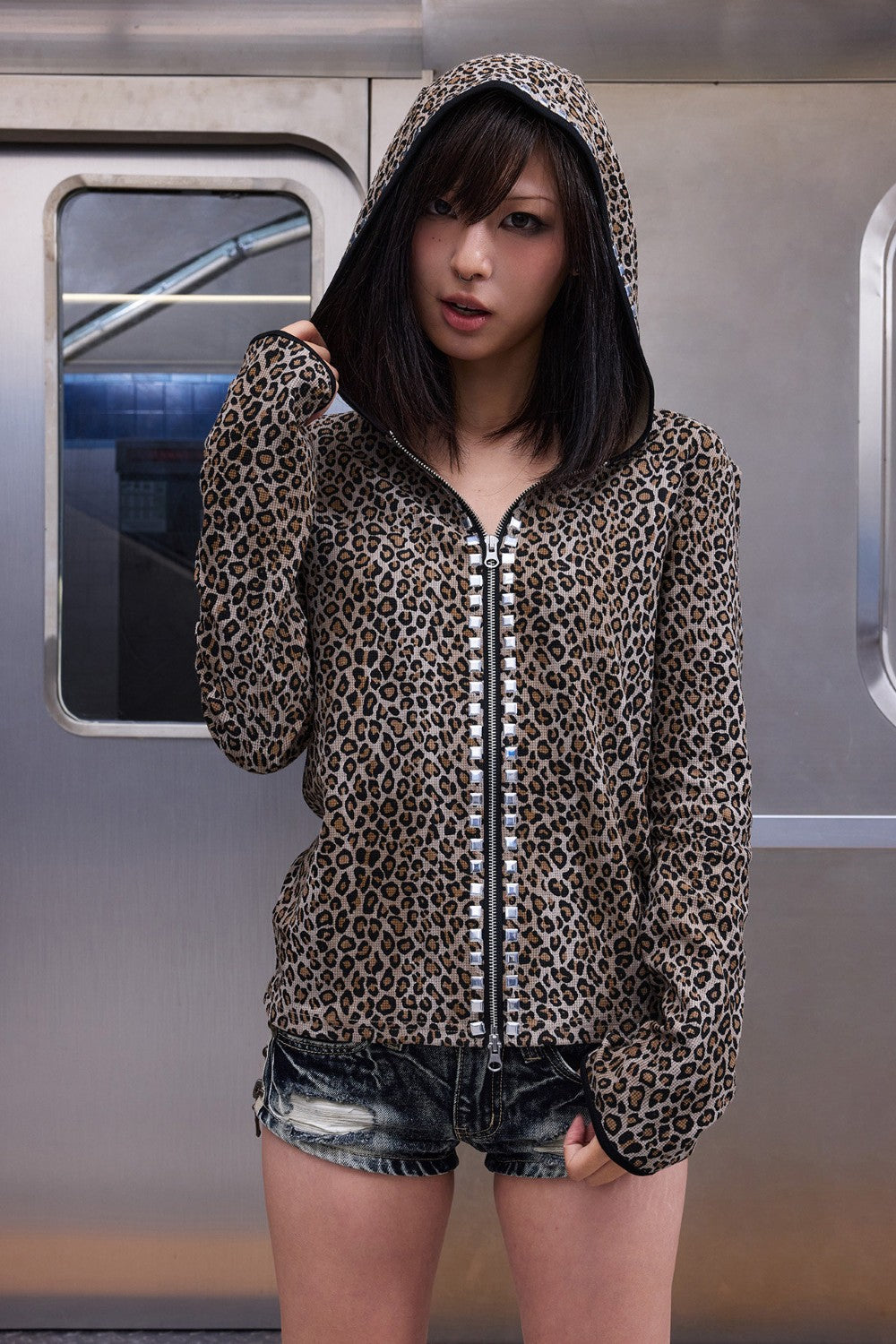 Rhinestone Hooded Leopard Jacket