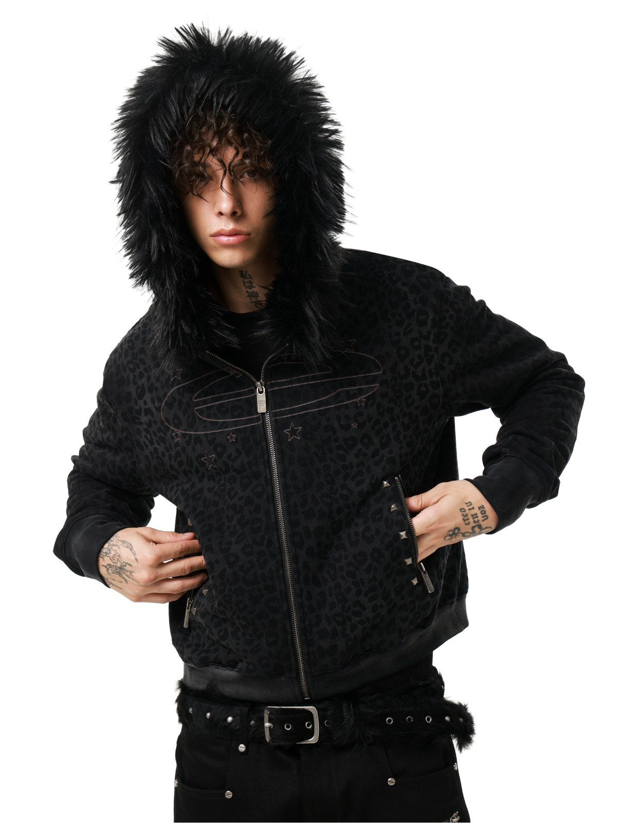 Men black leopard faux-fur hooded jacket